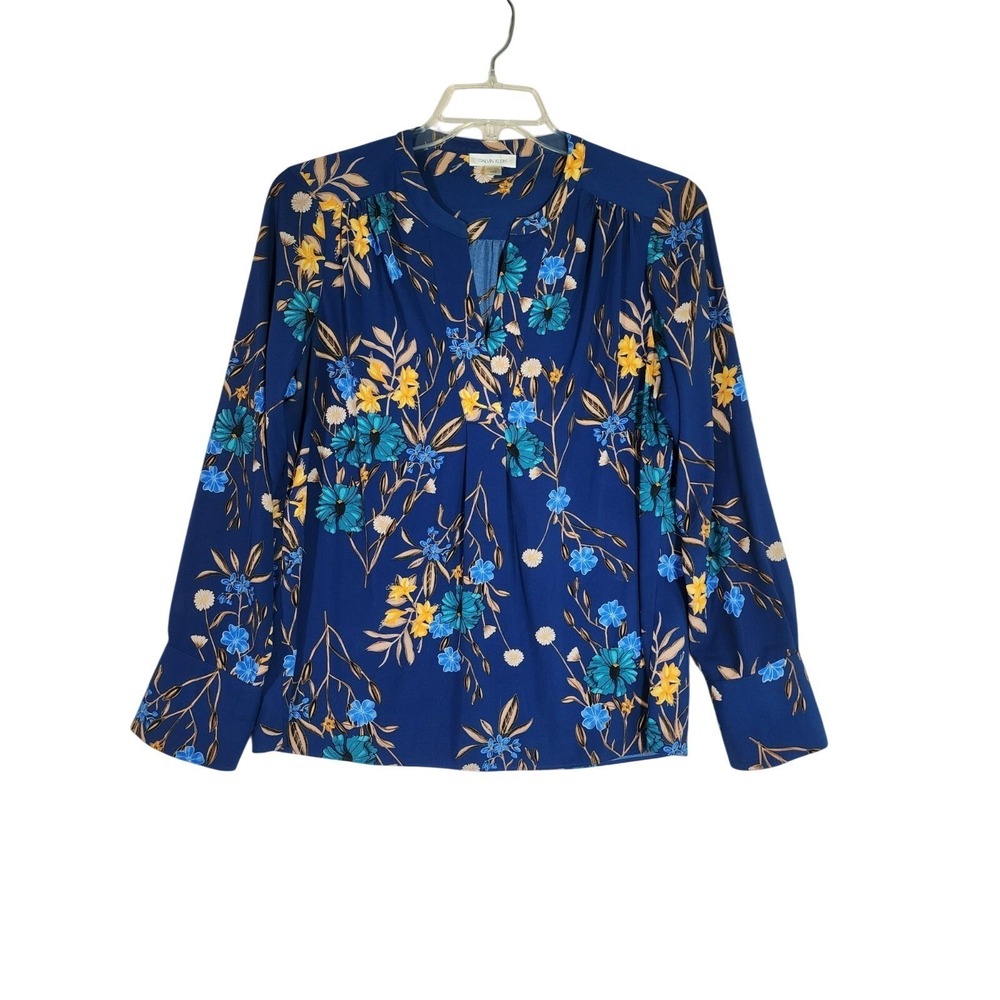Calvin Klein Womens Large Blue Floral Blouse Top Career Workwear Dressy Modern